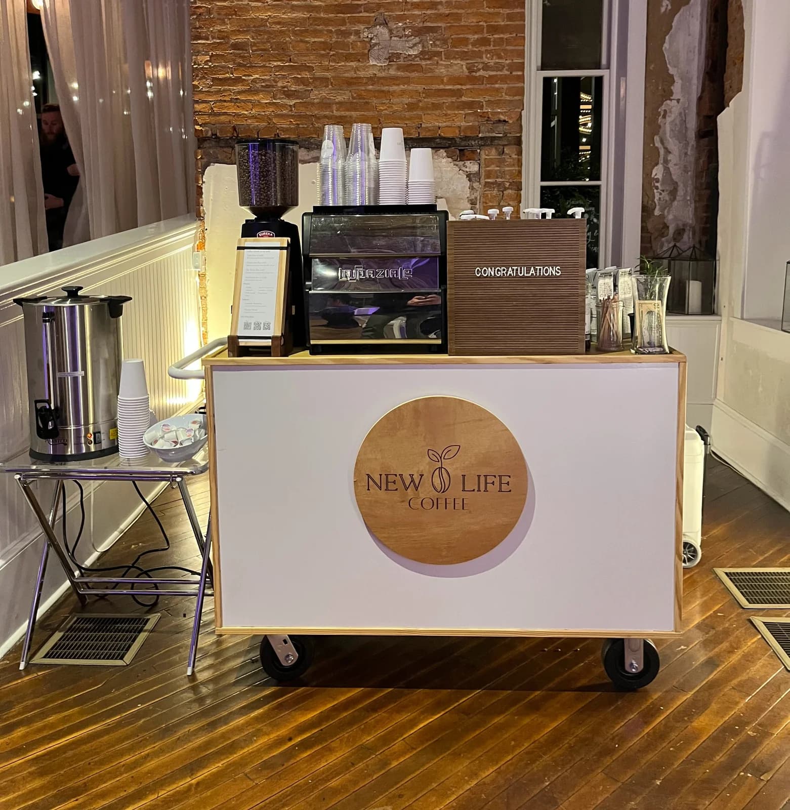 New Life Coffee Company coffee cart decorated for a holiday corporate event in Pennsylvania