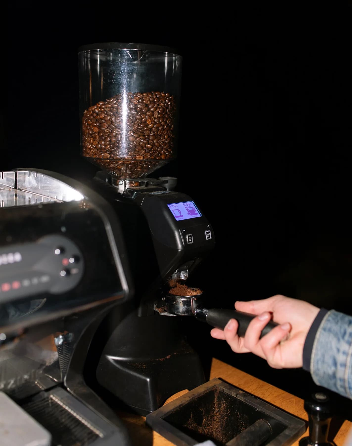 Commercial espresso grinder used for professional coffee cart catering