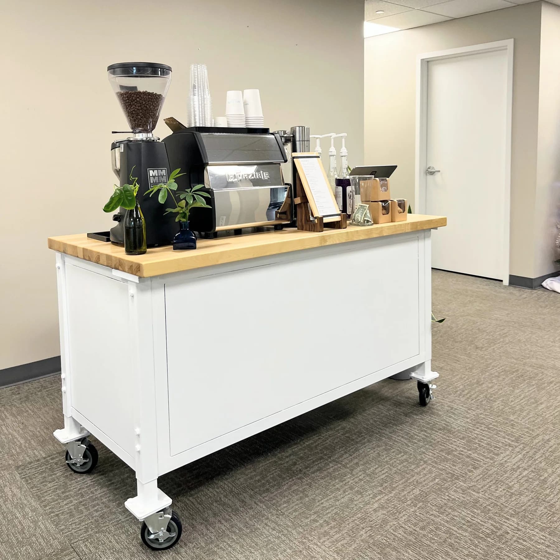 Mobile coffee cart set up for corporate office coffee catering in Exton, PA by New Life Coffee Company